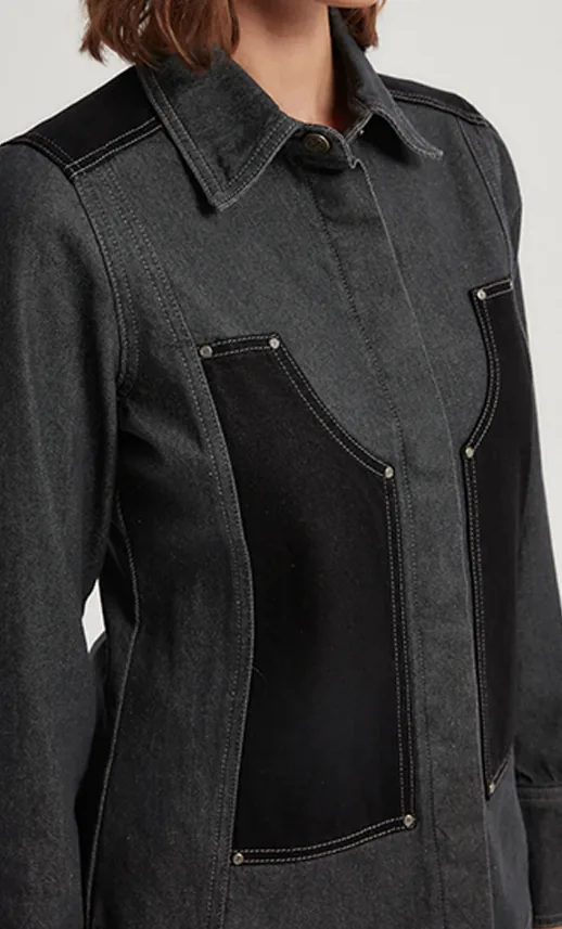 Charcoal denim shirt-jacket with black contrast panels