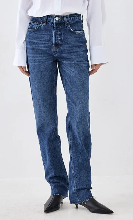 Mid-blue straight-leg jeans with a raw hem