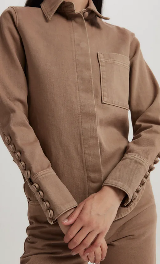 Camel twill shirt-jacket with multi-button cuffs