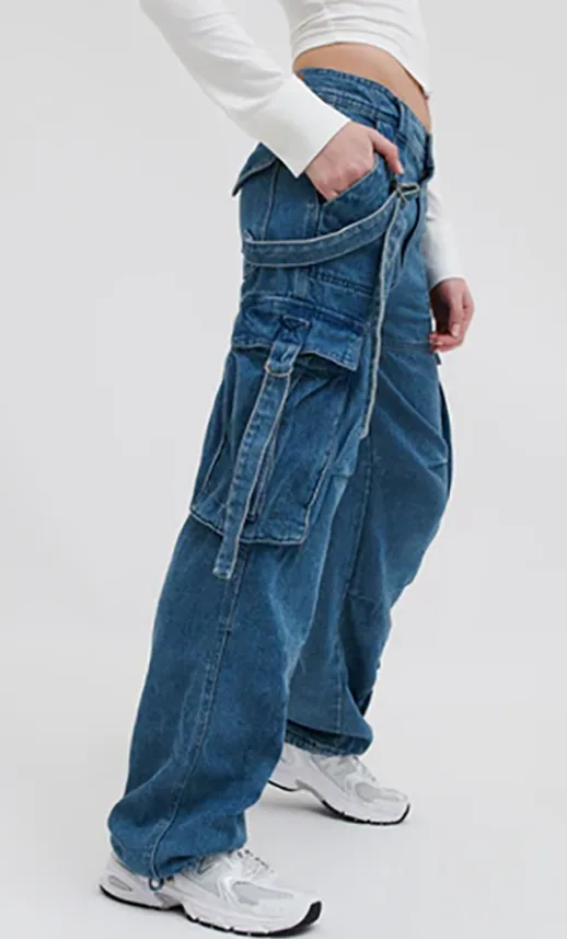 Mid-blue wide-leg utility jeans with cargo pockets